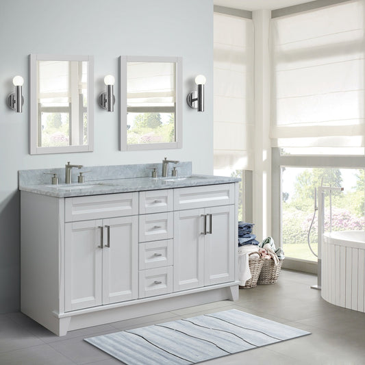 61" Double sink vanity in White finish and White Carrara marble and rectangle sink