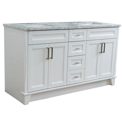 61" Double sink vanity in White finish and White Carrara marble and rectangle sink