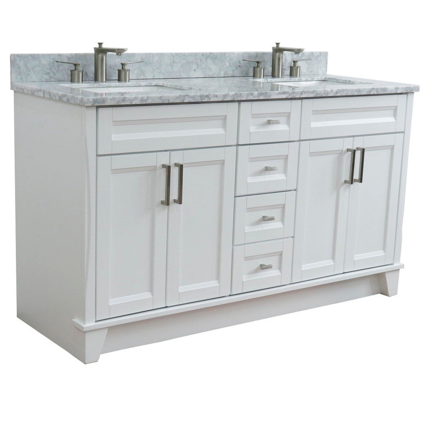 61" Double sink vanity in White finish and White Carrara marble and rectangle sink