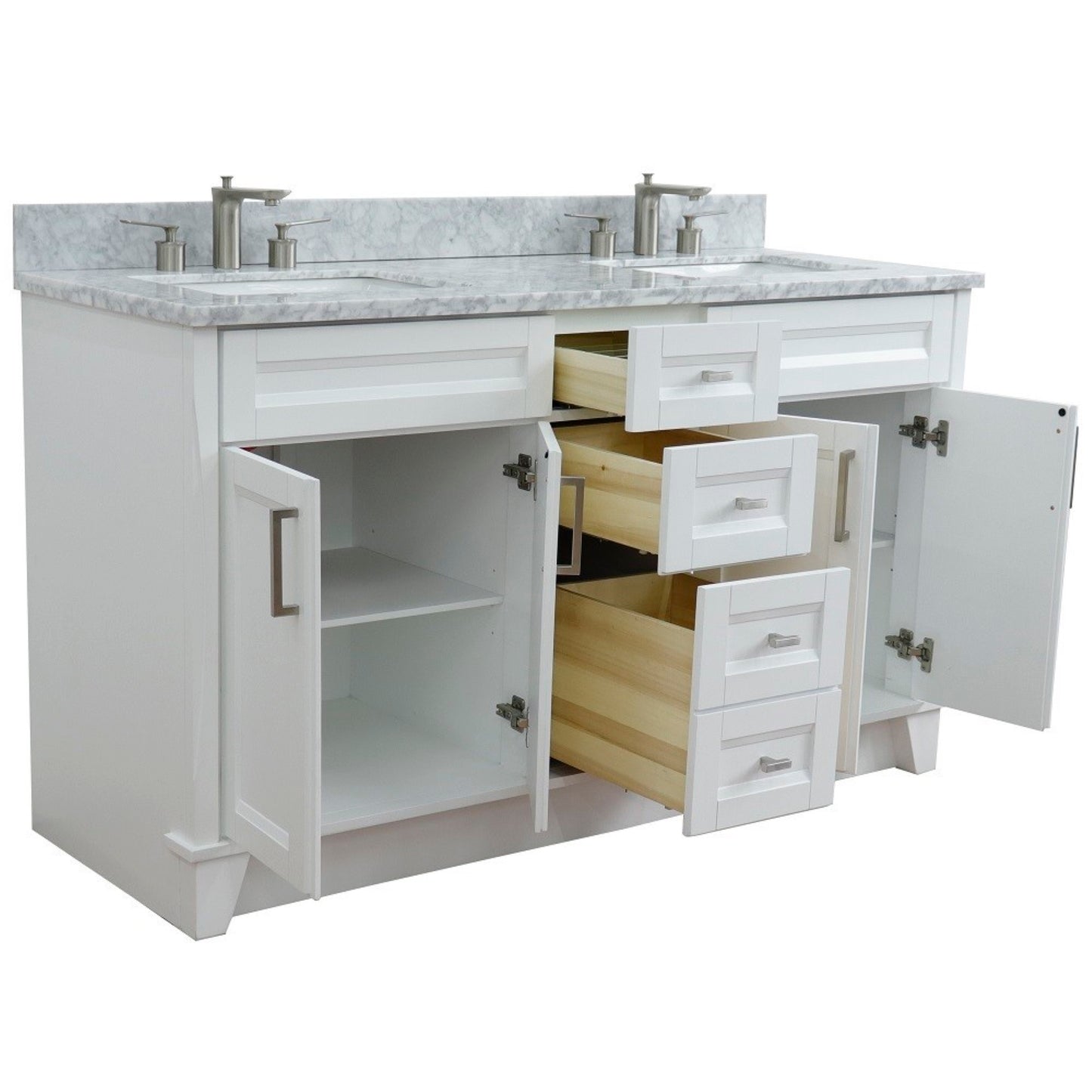 61" Double sink vanity in White finish and White Carrara marble and rectangle sink