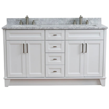 61" Double sink vanity in White finish and White Carrara marble and rectangle sink