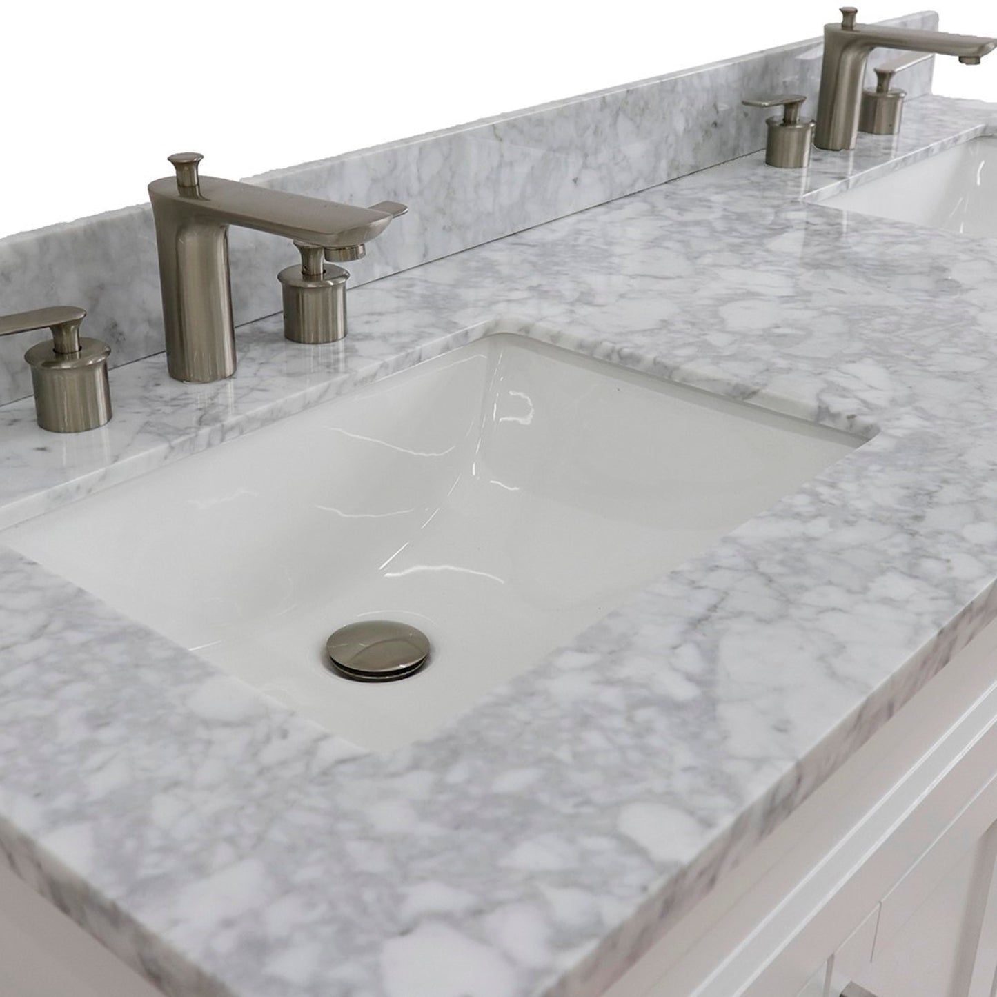 61" Double sink vanity in White finish and White Carrara marble and rectangle sink