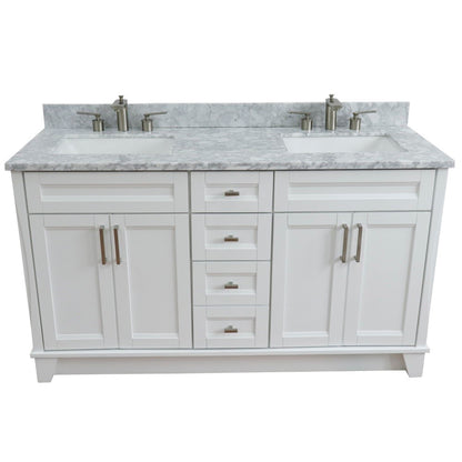 61" Double sink vanity in White finish and White Carrara marble and rectangle sink