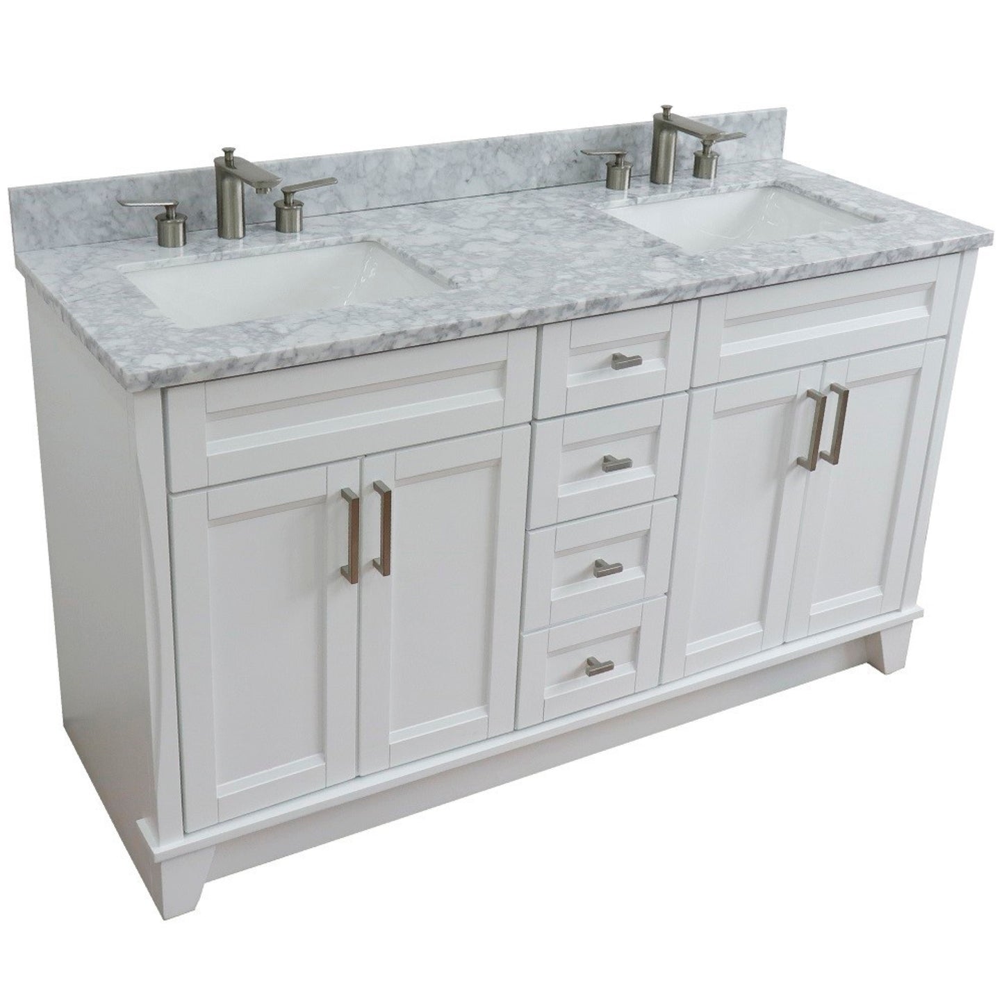 61" Double sink vanity in White finish and White Carrara marble and rectangle sink