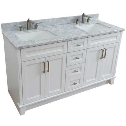 61" Double sink vanity in White finish and White Carrara marble and rectangle sink