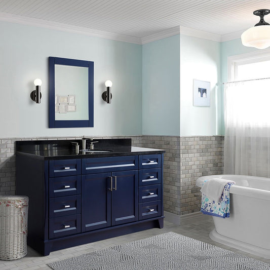 61" Single sink vanity in Blue finish and Black galaxy granite and oval sink