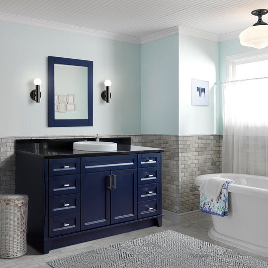 61" Single sink vanity in Blue finish and Black galaxy granite and round sink