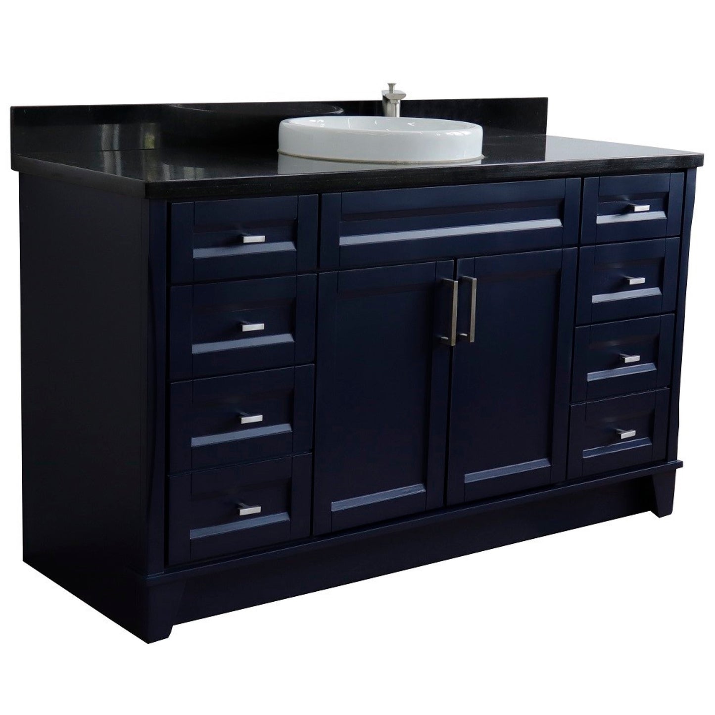 61" Single sink vanity in Blue finish and Black galaxy granite and round sink