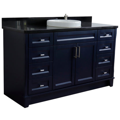 61" Single sink vanity in Blue finish and Black galaxy granite and round sink