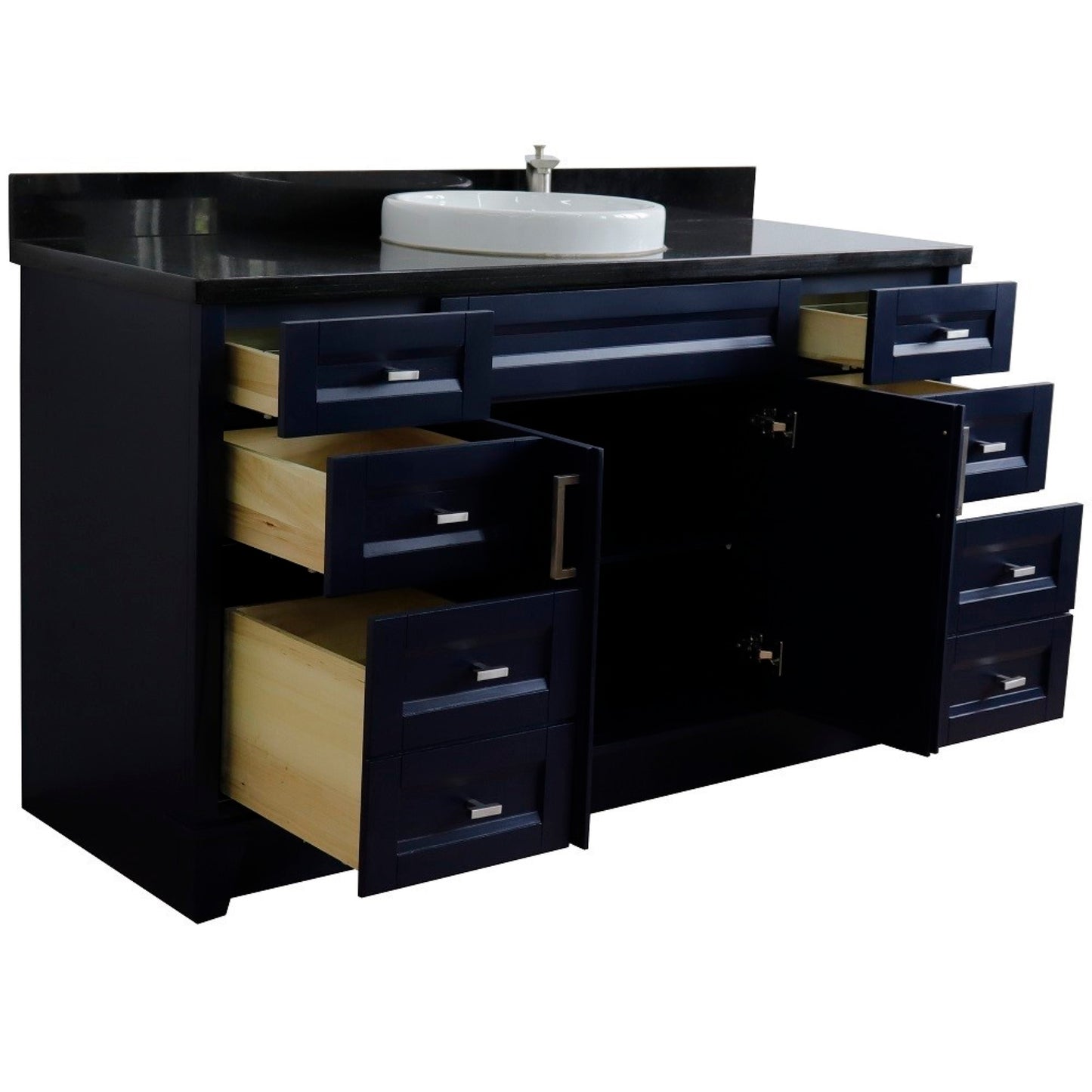 61" Single sink vanity in Blue finish and Black galaxy granite and round sink