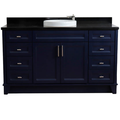 61" Single sink vanity in Blue finish and Black galaxy granite and round sink
