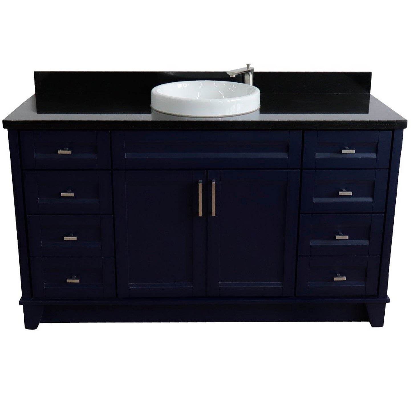61" Single sink vanity in Blue finish and Black galaxy granite and round sink