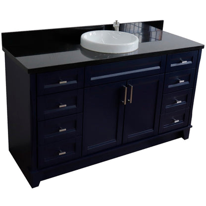 61" Single sink vanity in Blue finish and Black galaxy granite and round sink