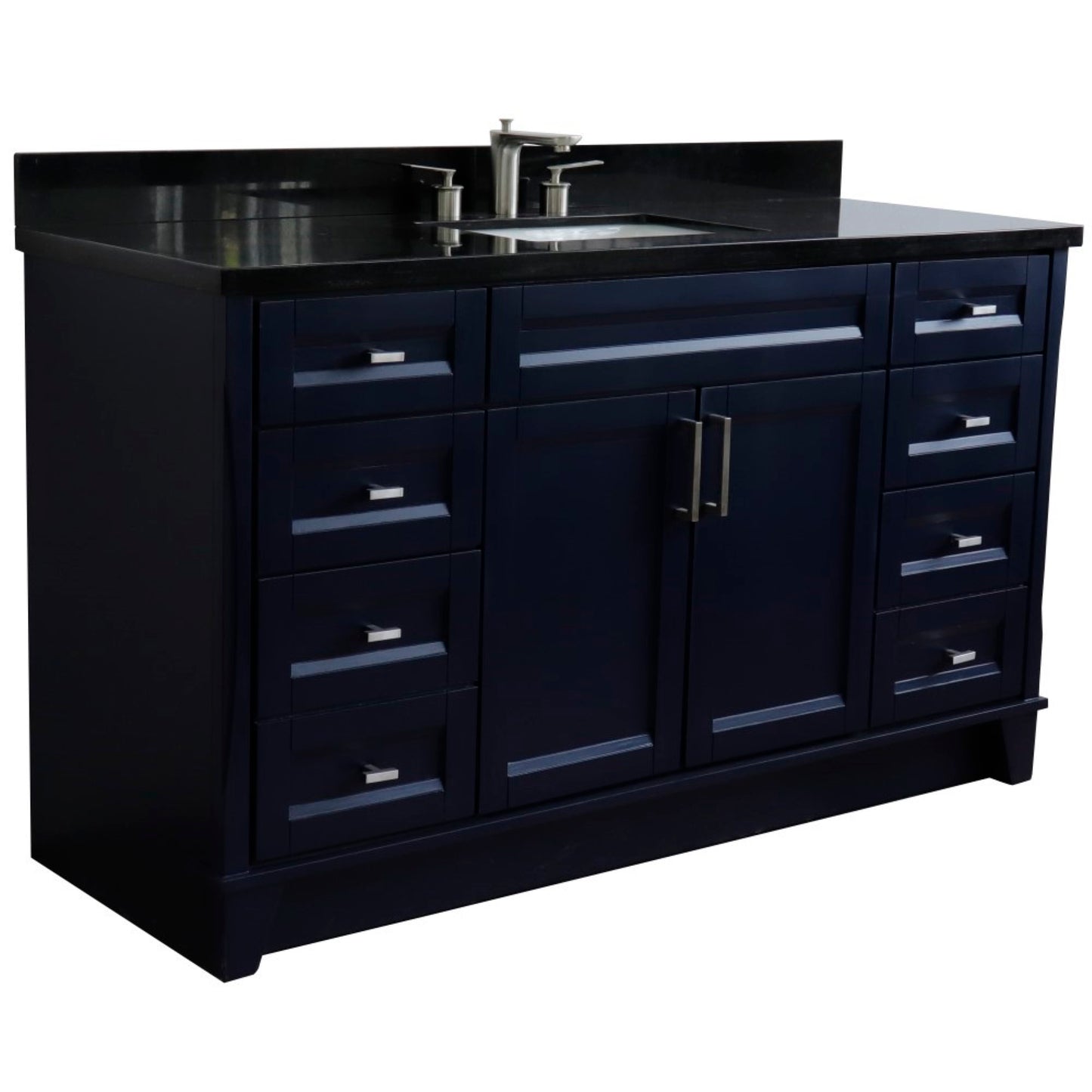 61" Single sink vanity in Blue finish and Black galaxy granite and rectangle sink