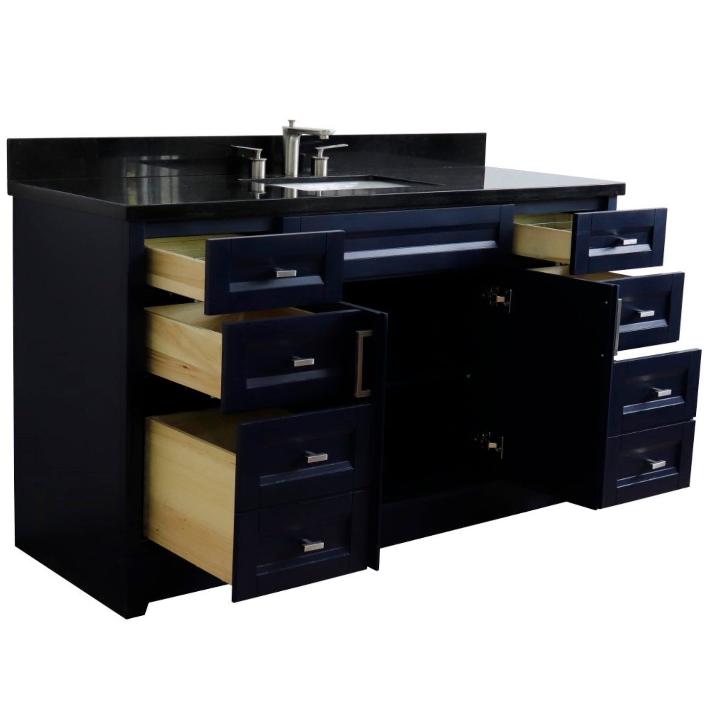 61" Single sink vanity in Blue finish and Black galaxy granite and rectangle sink