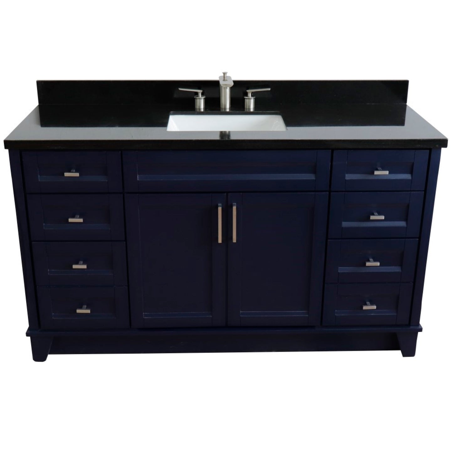 61" Single sink vanity in Blue finish and Black galaxy granite and rectangle sink