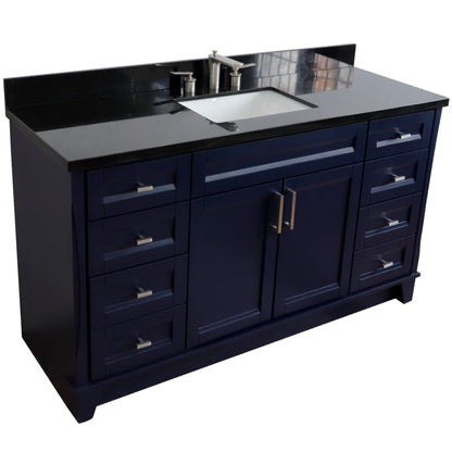 61" Single sink vanity in Blue finish and Black galaxy granite and rectangle sink