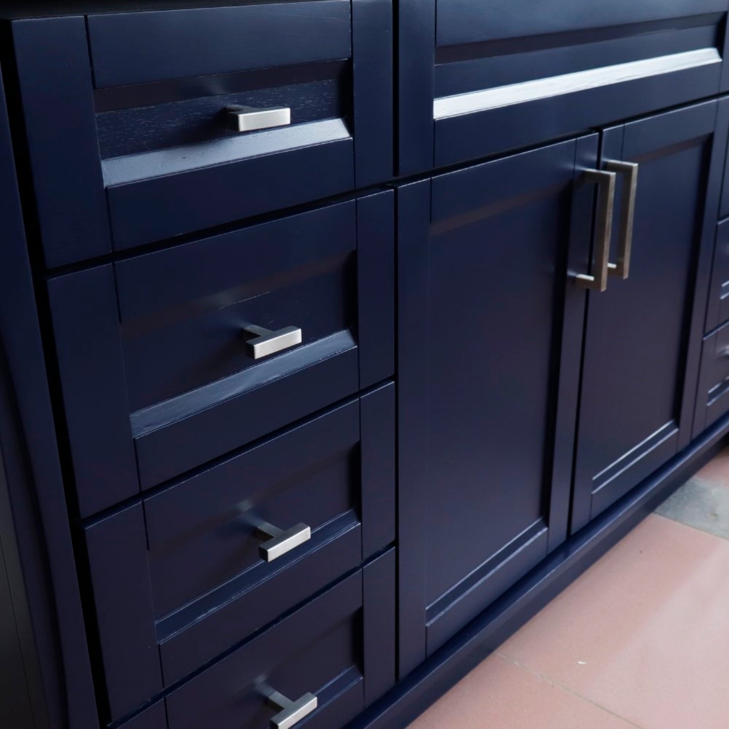 61" Single sink vanity in Blue finish and Black galaxy granite and rectangle sink