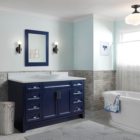 61" Single sink vanity in Blue finish and White engineered stone and round sink