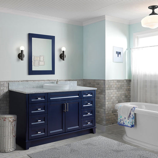 61" Single sink vanity in Blue finish and White Carrara marble and round sink