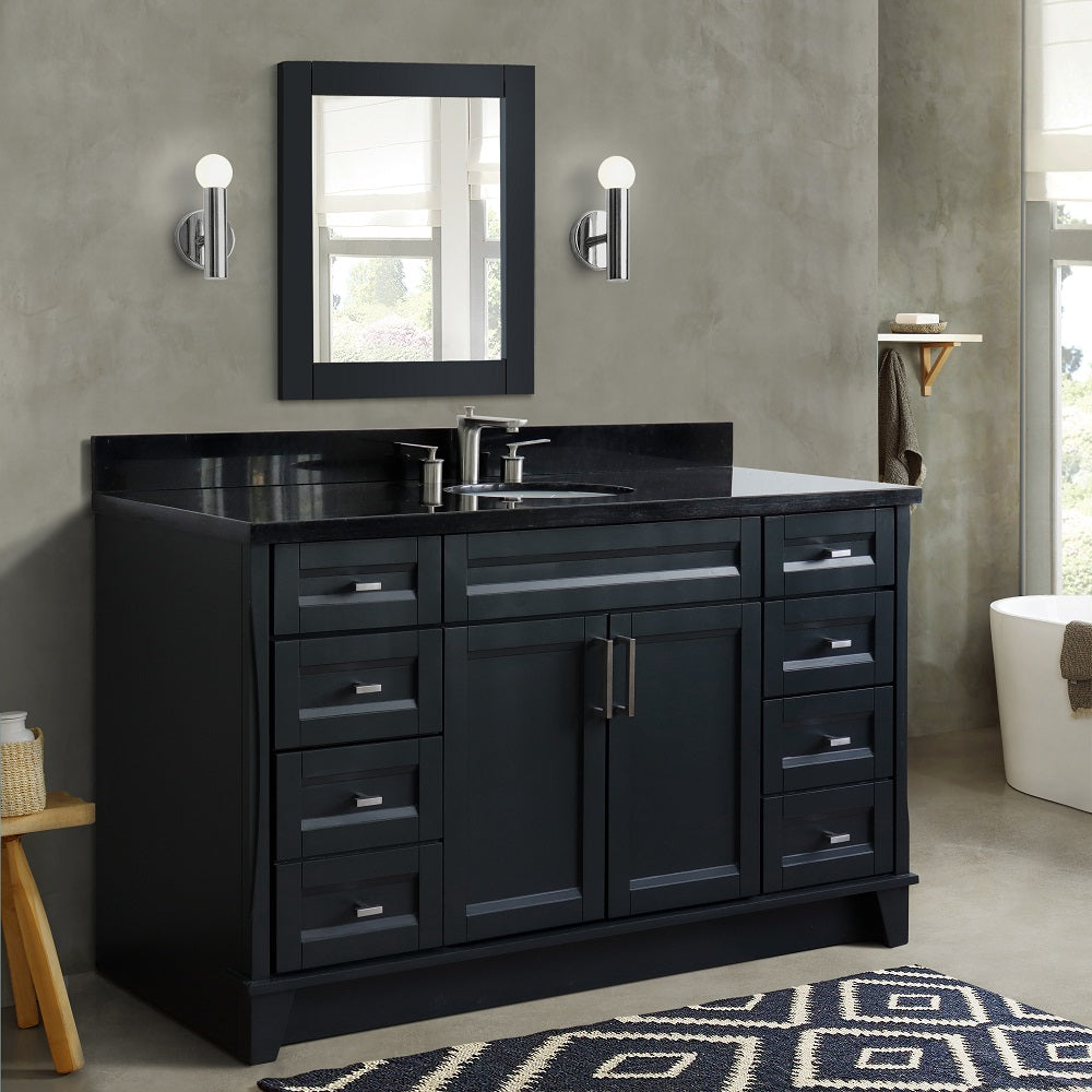 61" Single sink vanity in Dark Gray finish and Black galaxy granite and oval sink