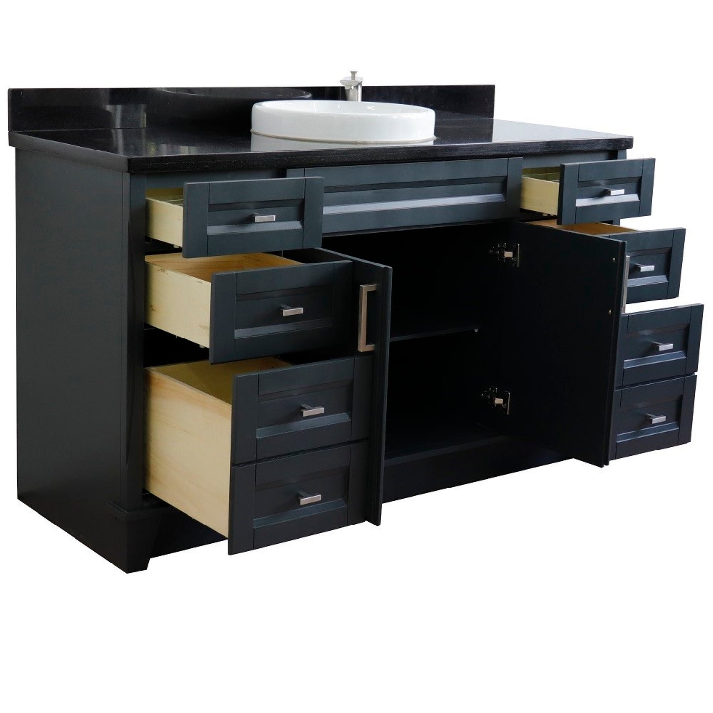 61" Single sink vanity in Dark Gray finish and Black galaxy granite and round sink