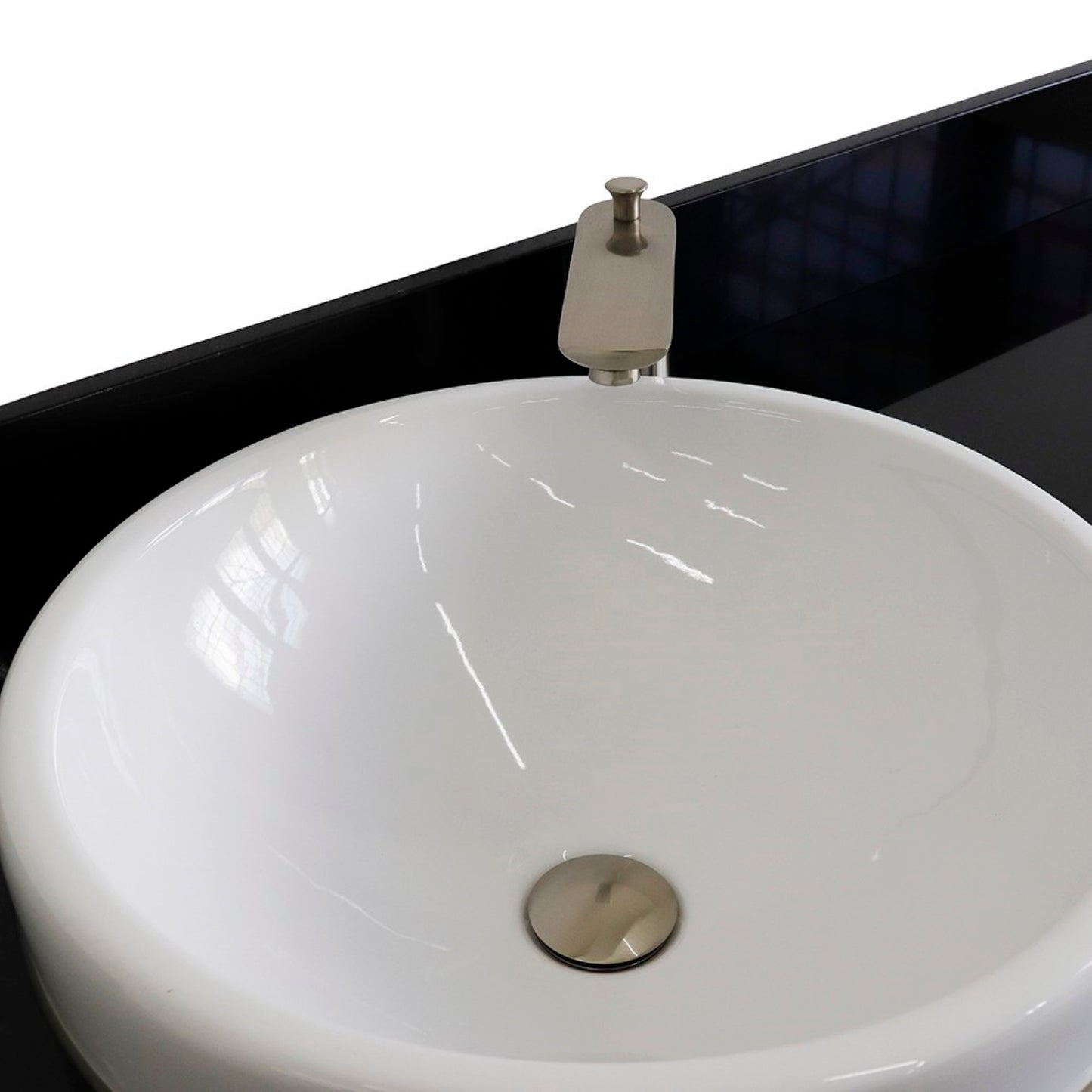 61" Single sink vanity in Dark Gray finish and Black galaxy granite and round sink