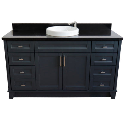 61" Single sink vanity in Dark Gray finish and Black galaxy granite and round sink
