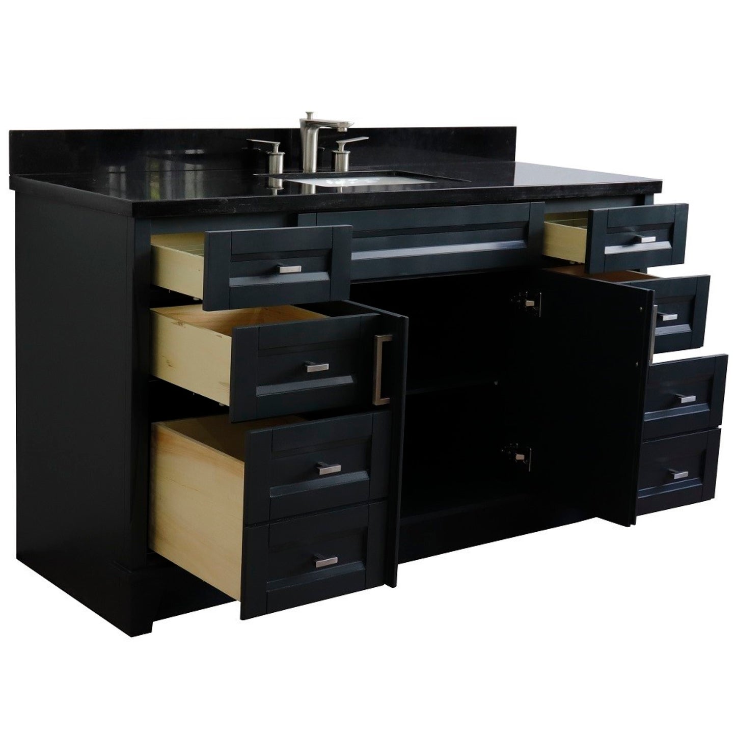 61" Single sink vanity in Dark Gray finish and Black galaxy granite and rectangle sink