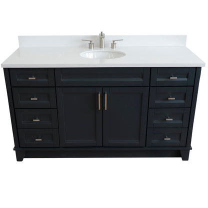 61" Single sink vanity in Dark Gray finish and White engineered stone and oval sink