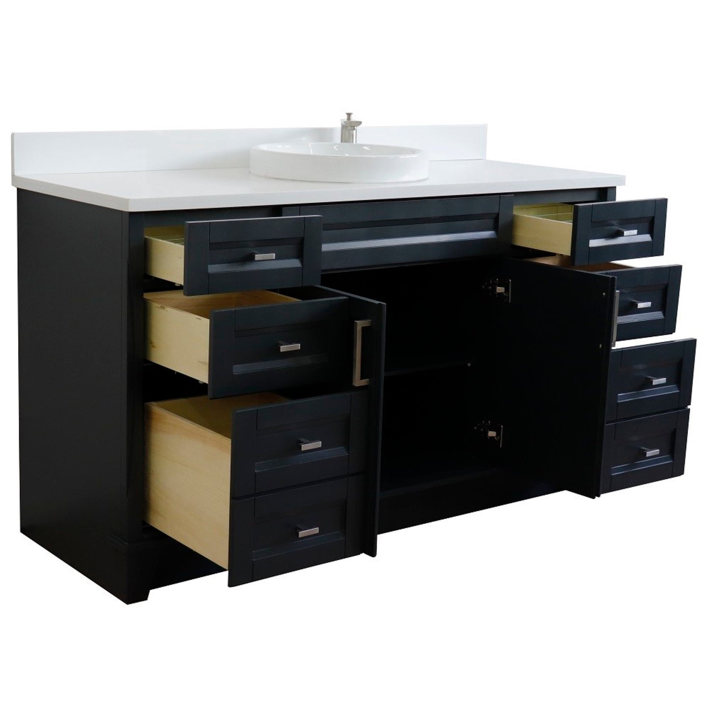 61" Single sink vanity in Dark Gray finish and White engineered stone and round sink