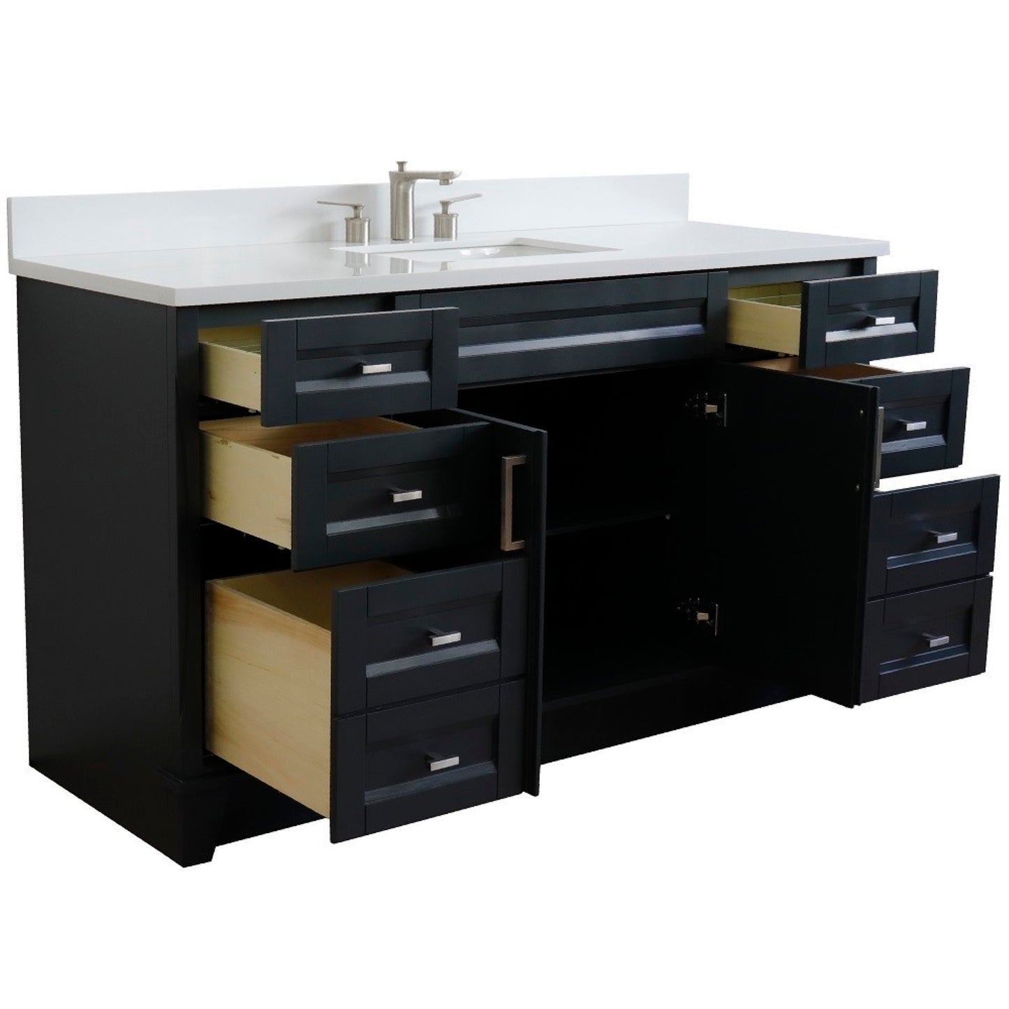 61" Single sink vanity in Dark Gray finish and White engineered stone and rectangle sink