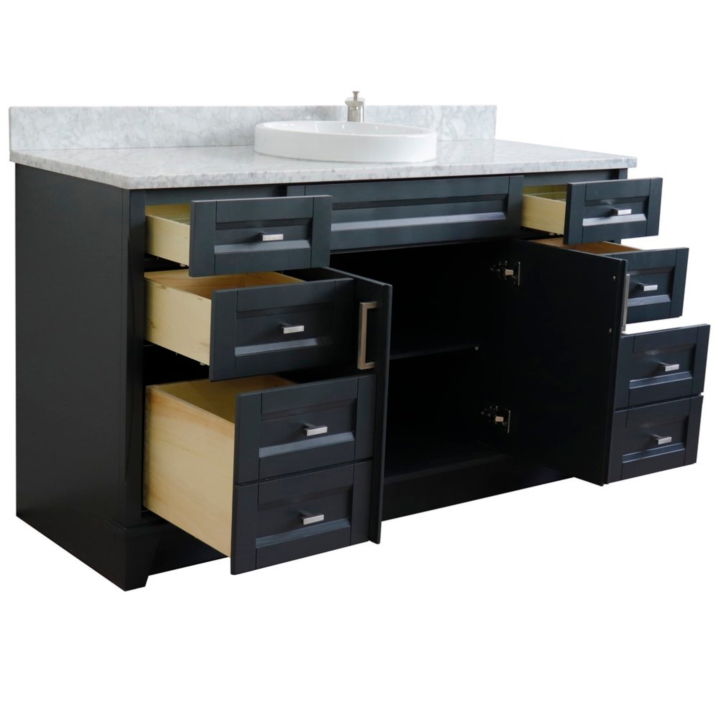61" Single sink vanity in Dark Gray finish and White Carrara marble and round sink