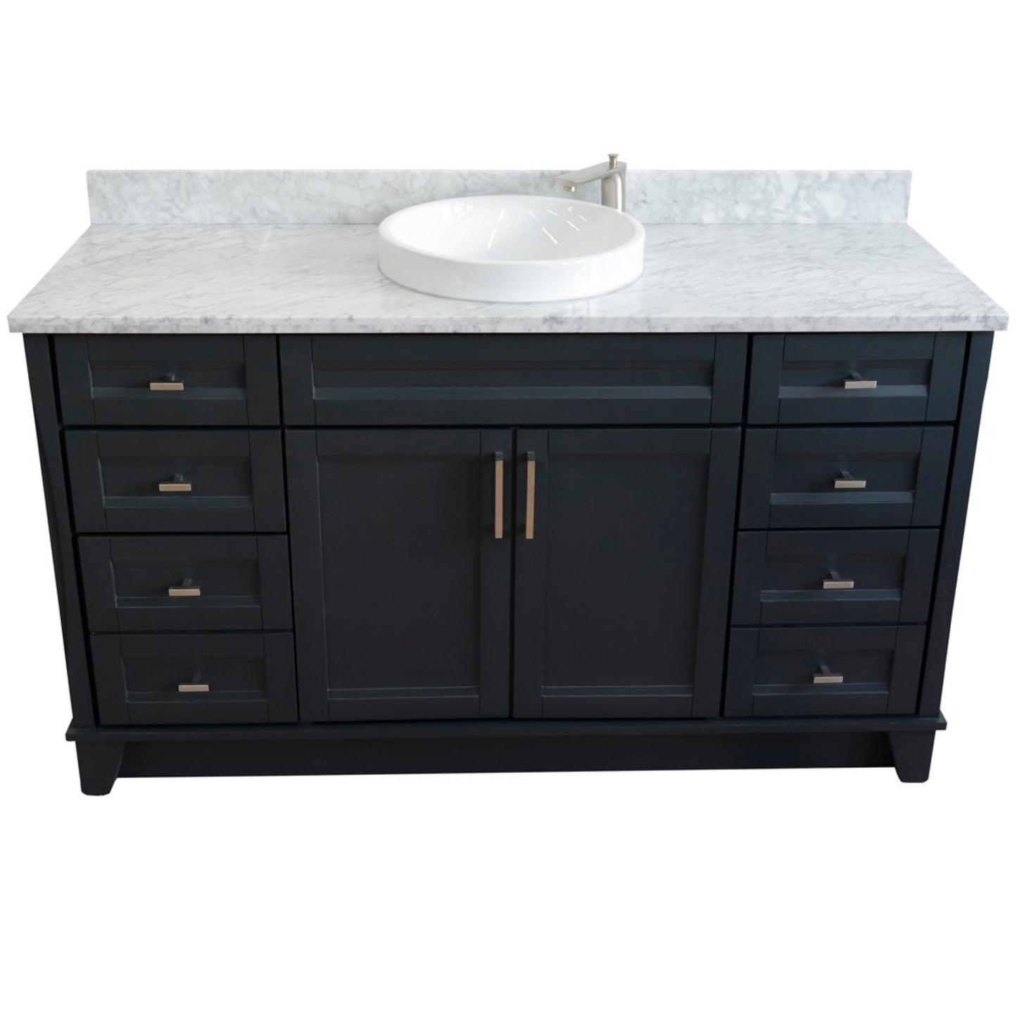 61" Single sink vanity in Dark Gray finish and White Carrara marble and round sink
