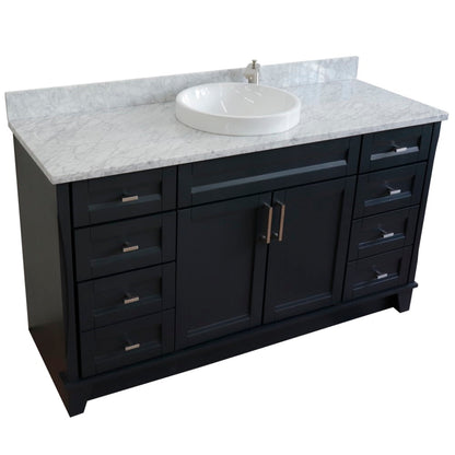 61" Single sink vanity in Dark Gray finish and White Carrara marble and round sink