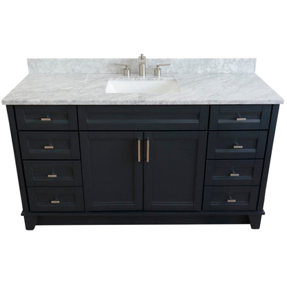 61" Single sink vanity in Dark Gray finish and White Carrara marble and rectangle sink