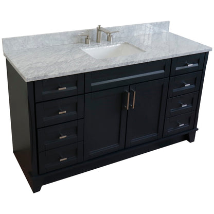 61" Single sink vanity in Dark Gray finish and White Carrara marble and rectangle sink