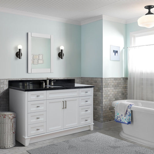 61" Single sink vanity in White finish and Black galaxy granite and oval sink
