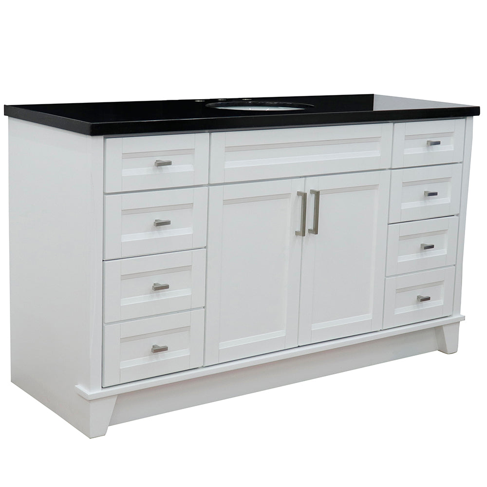 61" Single sink vanity in White finish and Black galaxy granite and oval sink