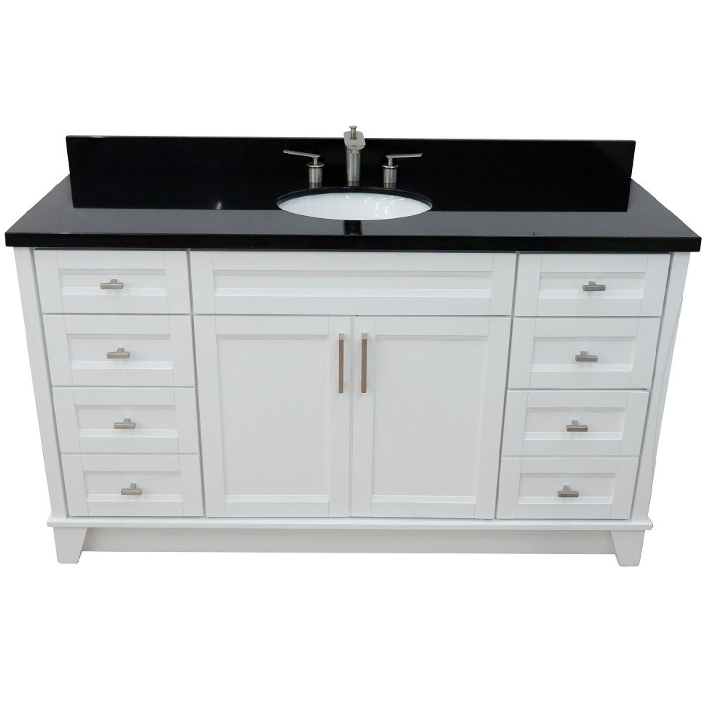 61" Single sink vanity in White finish and Black galaxy granite and oval sink