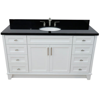 61" Single sink vanity in White finish and Black galaxy granite and oval sink