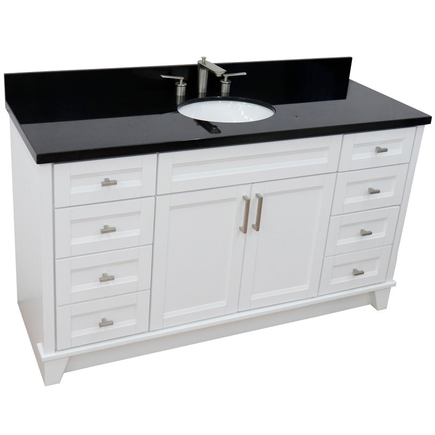 61" Single sink vanity in White finish and Black galaxy granite and oval sink