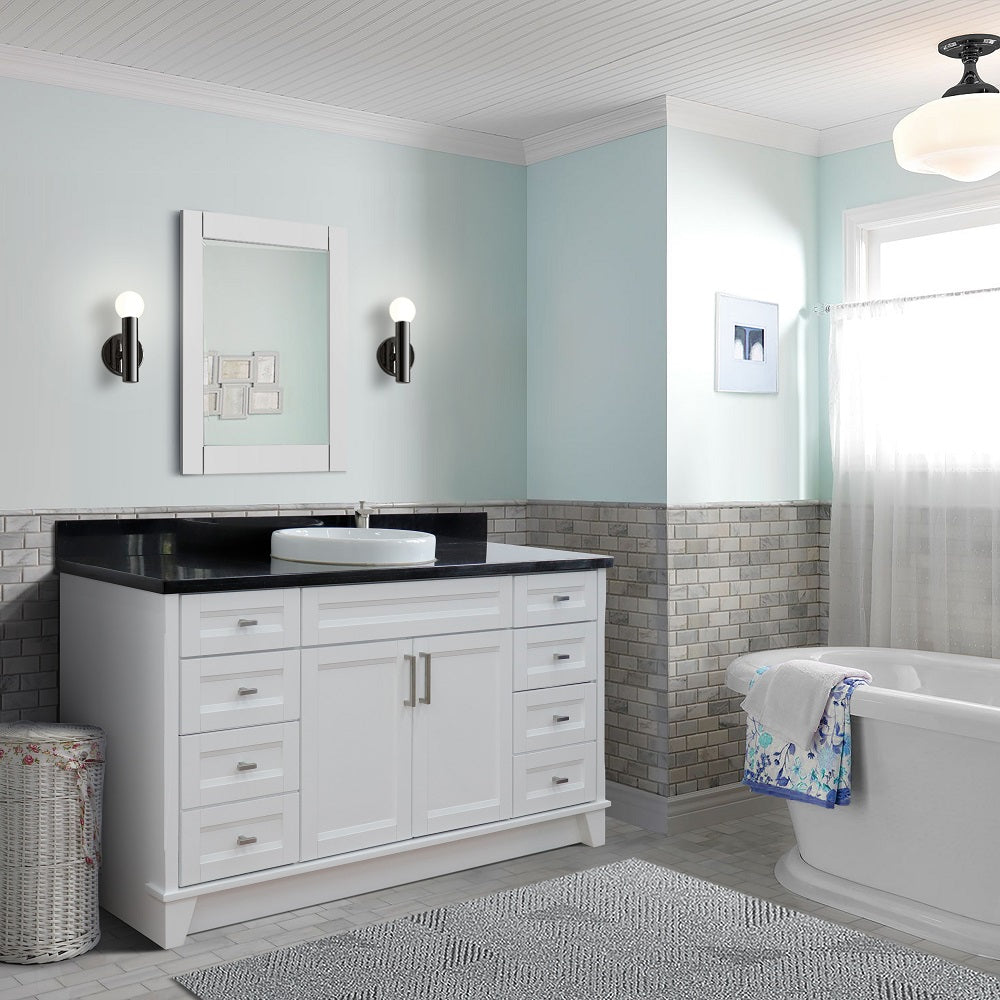 61" Single sink vanity in White finish and Black galaxy granite and round sink