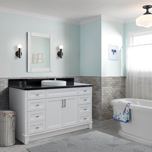 61" Single sink vanity in White finish and Black galaxy granite and round sink