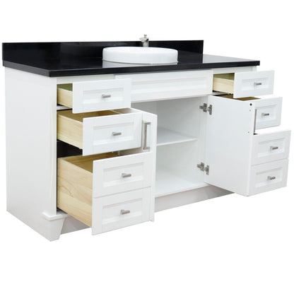 61" Single sink vanity in White finish and Black galaxy granite and round sink