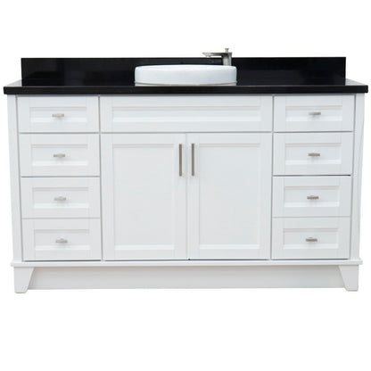 61" Single sink vanity in White finish and Black galaxy granite and round sink