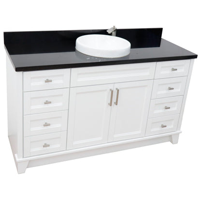 61" Single sink vanity in White finish and Black galaxy granite and round sink