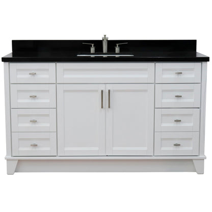 61" Single sink vanity in White finish and Black galaxy granite and rectangle sink