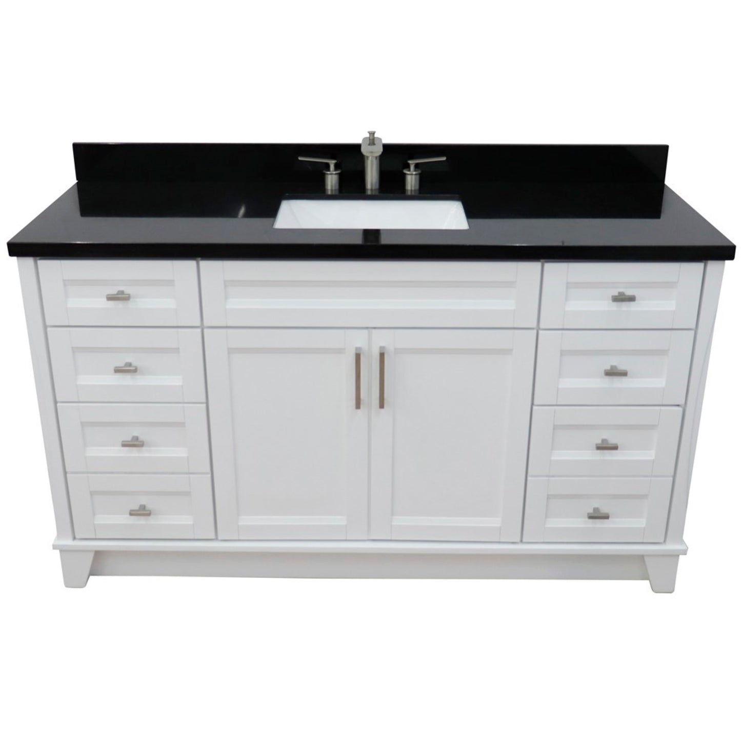 61" Single sink vanity in White finish and Black galaxy granite and rectangle sink