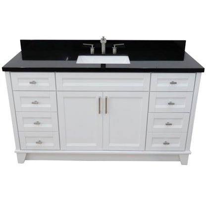 61" Single sink vanity in White finish and Black galaxy granite and rectangle sink